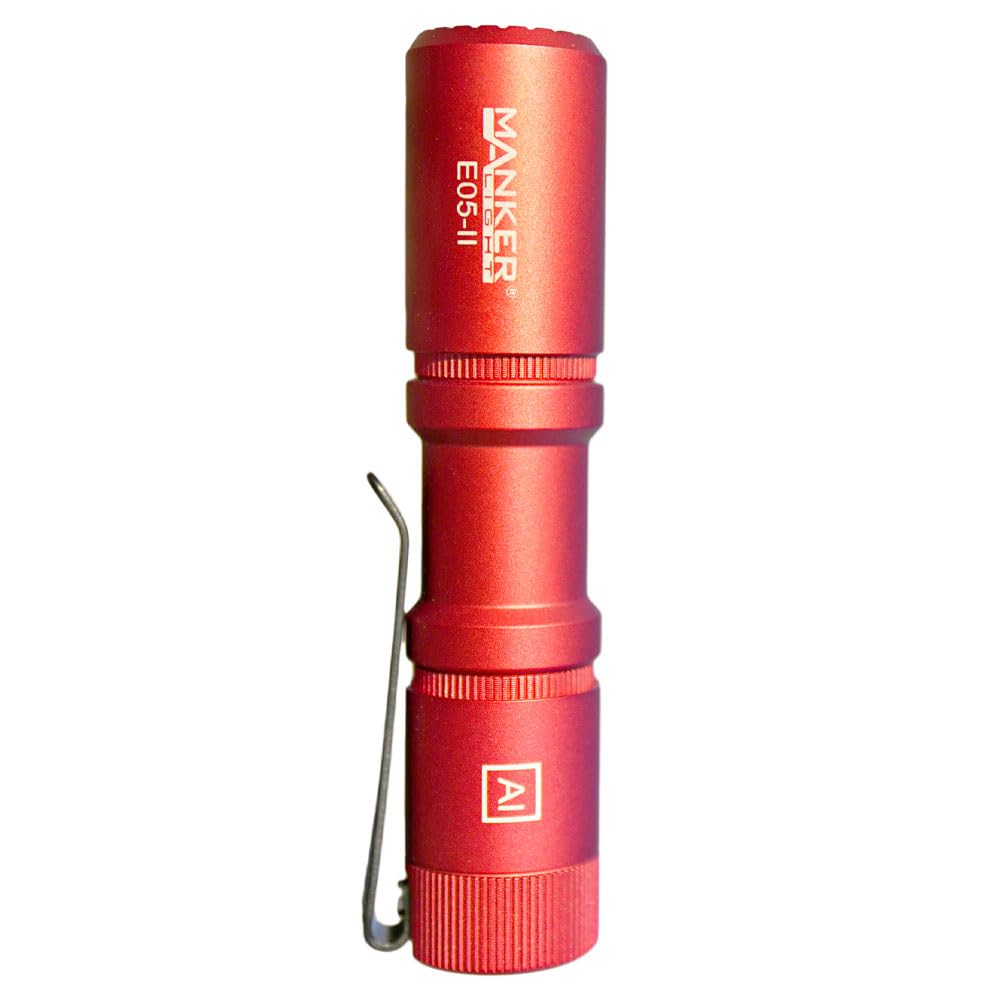 Manker E05 II (Al-Red, Cool White Version, 6500K) Compact EDC Flashlight, High Density LED Emitter 1300 Lumens, 148m Beam Distance, IPX8 Waterproof?No Battery