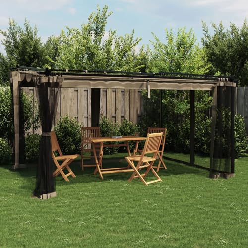 Amorsee Pérgola de Jardín con Techo y Malla, Pérgola de Aluminio 4x3 m, Cenador de Jardín con Techo Retráctil, Poliéster Resistente al Agua y a UV para Patio Terraza Exterior Taupe