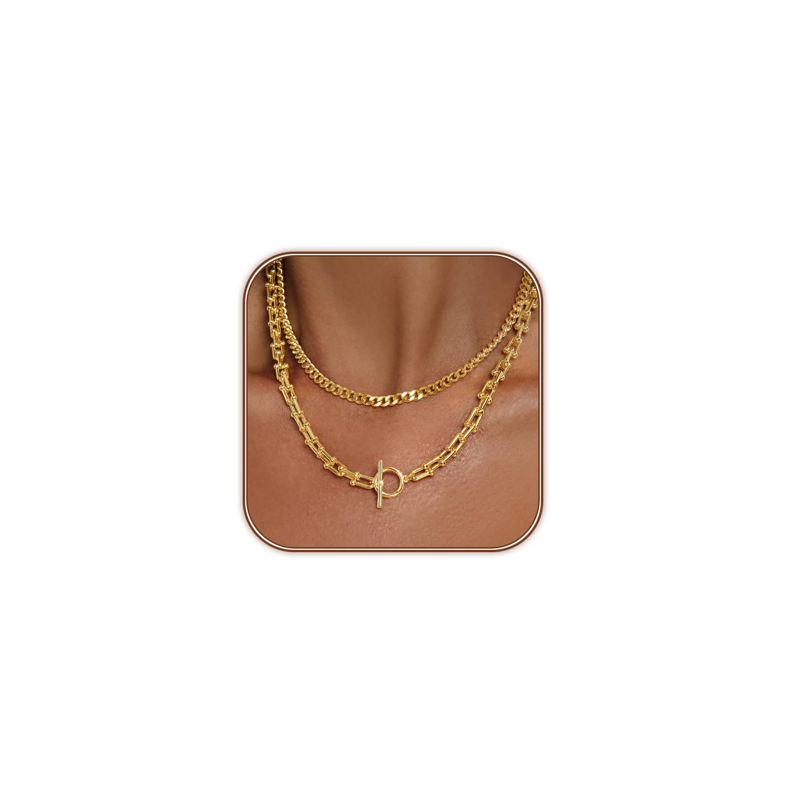 Airmb Gold Necklace for Women Layered 14k Plated Tendy Chunky Gold Necklace Cuban Link Choker Paperclip Chain Stackable OT Toggle Clasp Hypoallergenic