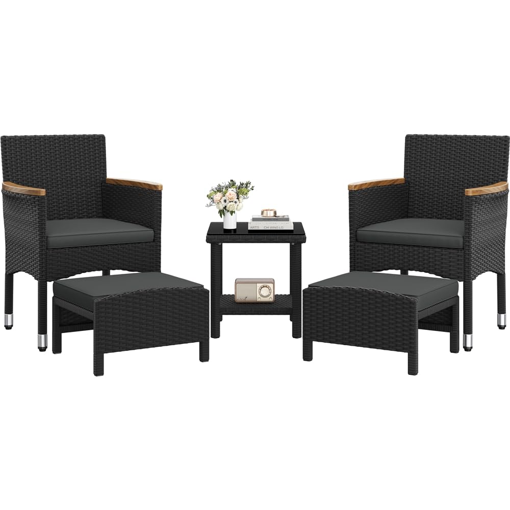 Yaheetech Conjunto de Muebles Ratán de Jardín 5 Piezas con Cojines, 2 Sillones 2 Otomanas y 1 Mesa de Café para Patio, Piscina y Trasero, Color Negro/GIRS Negro/GIRS