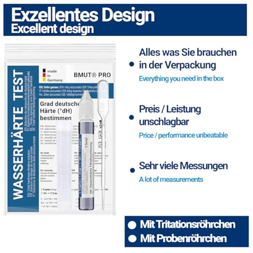 Wasserhärte messen | Test Set Deutscher Härtebereich | Titrierlösung | weich, mittel, hart | Titration | Messbereich 0-30 °dH – Kalk prüfen (1x15ml)