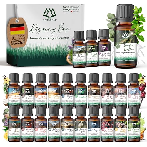 NORDHOLZ® Saunaaufguss Discovery Box 24x15ml [ #25-#48 NATURREINE ÄTHERISCHE ÖLE] Sauna Aufgussmittel - Sauna Aufguss aus Franken - Sauna Zubehör