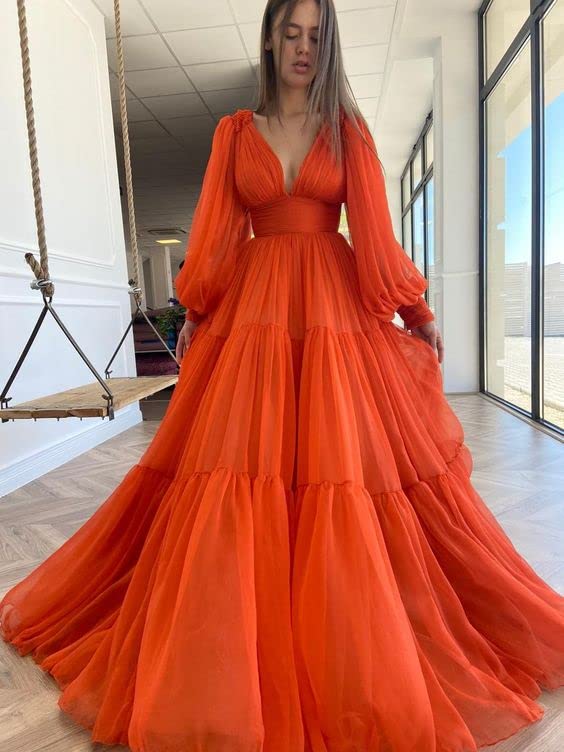 Long Chiffon Prom Dresses V Neck Puffy Sleeves A Line Ball Gown Formal Evening Gown for Women3