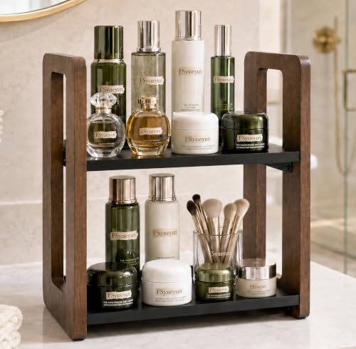 FSyueyun 2 Tier Bathroom Counter Organizer, Wood and Metal Vanity Organizer | Br...