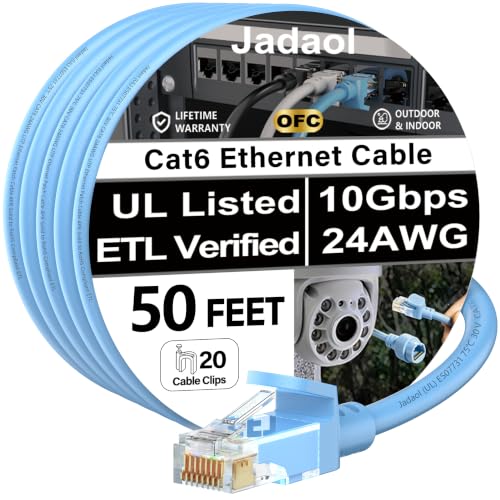 Image of Jadaol [UL Listed Cat6 Ethernet Cable 50 ft with Clips 10Gbps PoE++, Blue
