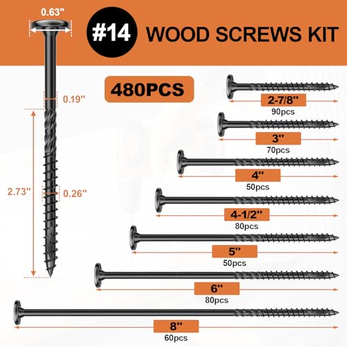 Image of #14 Wood Screws Assortment Kit, 480Pcs Star Drive Decking Wood Screws, Rust Resistant Timber Screws for Timber /Log /Landscaping(2-7 /8 inch, 3 inch, 4 inch, 4-1 /2 inch, 5 inch, 6 inch, 8 inch)