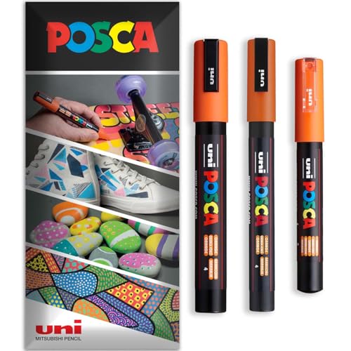 Posca - Rotulador permanente a base de agua, multiuso en superficies, PC-1M, PC-3M, PC-5M, paquete de 3 bolígrafos en cartera (naranja)