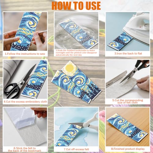 Image of FREEBLOSS 6 Set 11CT Cross Stitch Bookmarks Kit Starry Sky Stamped Cross Stitch Kit DIY Embroidery Bookmark Set with Instruction for Adults Beginners Gift for Reading Enthusiasts 20x6cm /8x2.4inch