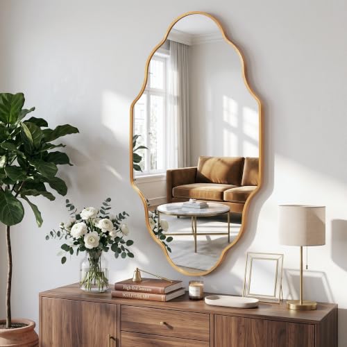 Image of Irregular Wall Mirror, Gold Scalloped Mirror | Brushed Metal Frame, HD Glass Decorative Mirror for Wall Decor, Vanity Mirror for Living Room Entryway (24 inch x 36 inch, 1 Pack)