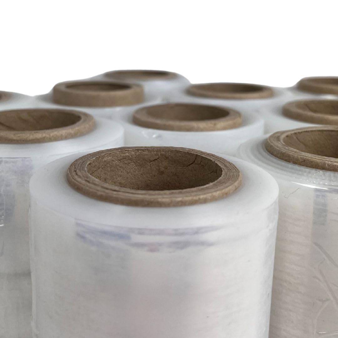 Lot de 10 mini films étirables transparents 10 cm – Film d’emballage 23 microns 150 m – Avec dérouleur – Pour emballage déménagement maison bureau et entrepôt
