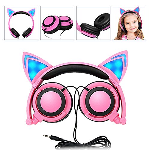 Gatos de oído de niños Auriculares con gancho LED de luz de glühendem verdrahtetem plegable barem Auriculares para niños y niñas Katze-Rosa