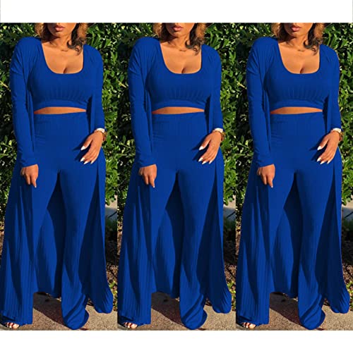 Image of Women's 2 Piece Outfits Set Ribbed Short Sleeve Casual Crop Top Wide Leg Pants Suit Set