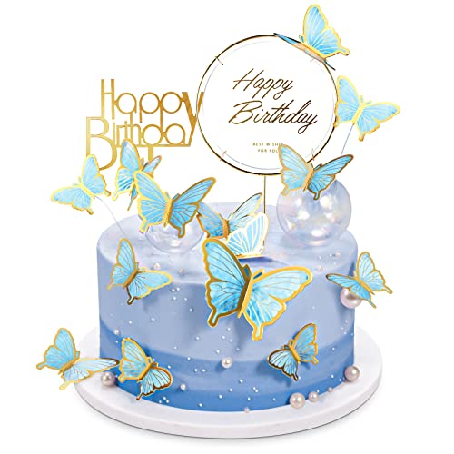 LANGPA 22-Pieces Butterfly Cake Decorations With Happy Birthday Acrylic Cake Toppers for Baby Shower Wedding Birthday Party Decor (Blue)