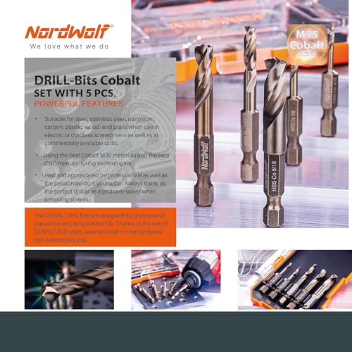 NordWolf 5-Piece M35 Cobalt Stubby Drill Bit Set for Stainless Steel & Hard Metals, with 1/4" Hex Shank for Quick Chucks & Impact Drivers, SAE Sizes 3/32"-1/8"-3/16"-1/4"-5/16" in Storage Case
