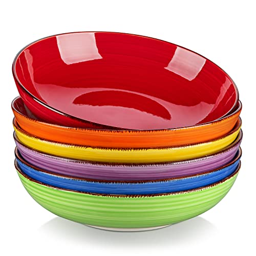vancasso Bonita Pasta Bowls Set of 6, 38 oz Shallow Bowls, Ceramic Pasta Plates and Salad Bowls, Microwave & Dishwasher Safe Serving Bowls, Assorted Colors
