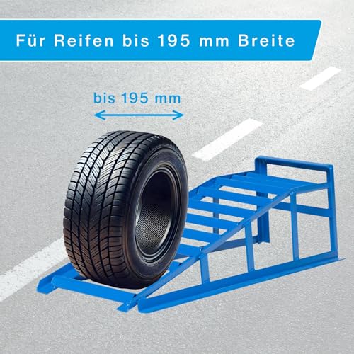 cartrend 10904 Auffahrrampe, blau, Tragkraft 1000 Kg, für Reifen bis 195mm Breite, mit Überfahrschutz 1 Stück, Hebebühne, KFZ Rampe, Auffahrbock, Hebeplattform,