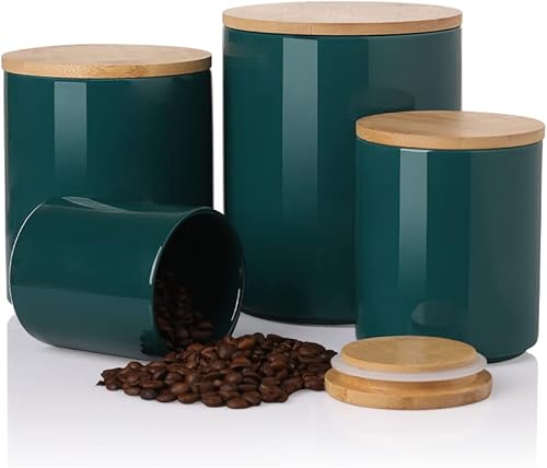 Sweejar Juego de recipientes de cerámica, tarros de almacenamiento de alimentos con tapa de bambú hermética, recipientes apilables para encimera de