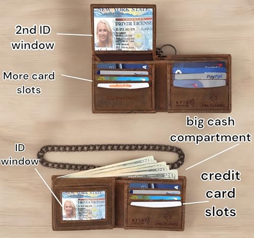 Image of F&L CLASSIC RFID Blocking Mens bi-fold Style Cowhide Leather Steel Chain Wallet, brown western style,texas 82