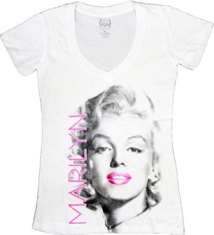 Marylin Monroe Pink Lips White Juniors V-Neck T-shirt