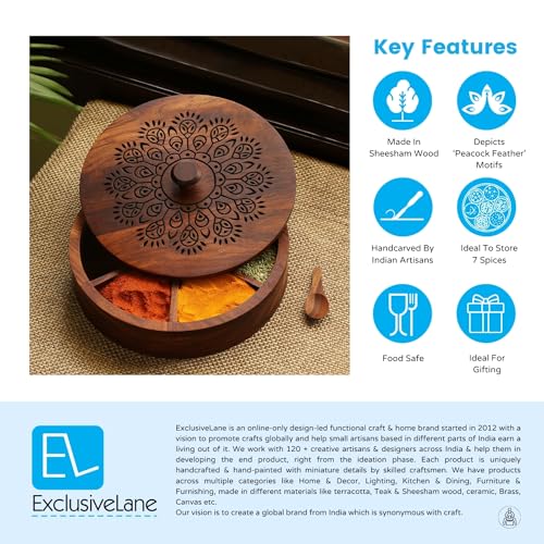 Image of ExclusiveLane 'The Dancing Peacock' Sheesham Wooden Spice Box for Kitchen with Spoon (7 Partitions, 120 ml Each) | Masala Container Spice Box Wooden Namak Dani for Kitchen Masala Box Wooden Dani