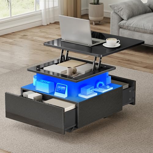 DWVO Table Basse avec LED, Hauteur Réglable, Noir Laqué Moderne, avec Rangement et Tiroirs pour Salon, 60x60x45-58 cm