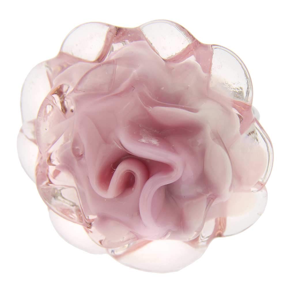 Anillo de cristal de Venecia con flor de rosa de Murano de 1 pulgada, anillo de tamaño ajustable en rosa rosa. Vidrio soplado - Anillos de cristal de Murano para mujer hechos a mano en Italia
