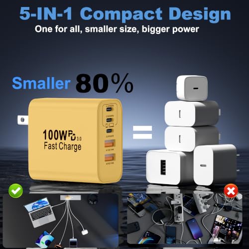 Image of USB C Charger Block, 2-Pack 100W 5-Port USB C Wall Charger iPhone Charger Fast Charging PD Power Adapter+QC Wall Plug Multiport Type C Brick Chargers for iPhone 17 16 15 14 13 Pro Max,Samsung,MacBook