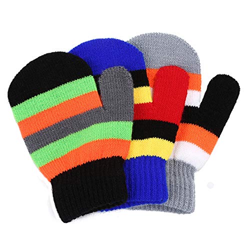 Satinior 3 Pairs Toddler Magic Stretch Mittens Little Girls Soft Knit Mitten Baby Boys Winter Knitted Gloves (Black Stripe, Blue Stripe and Grey Stripe, 1 - 4 Years Size)