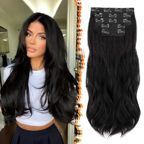 BARSDAR Negro Clip en Extensiones de Cabello, 50cm Ondulado Clip en Extensión de Pelo para Mujer 5 Piezas Layered Hair Extensions Lace Sintética Natural Postizos Cabello Extensione - Natural Negro