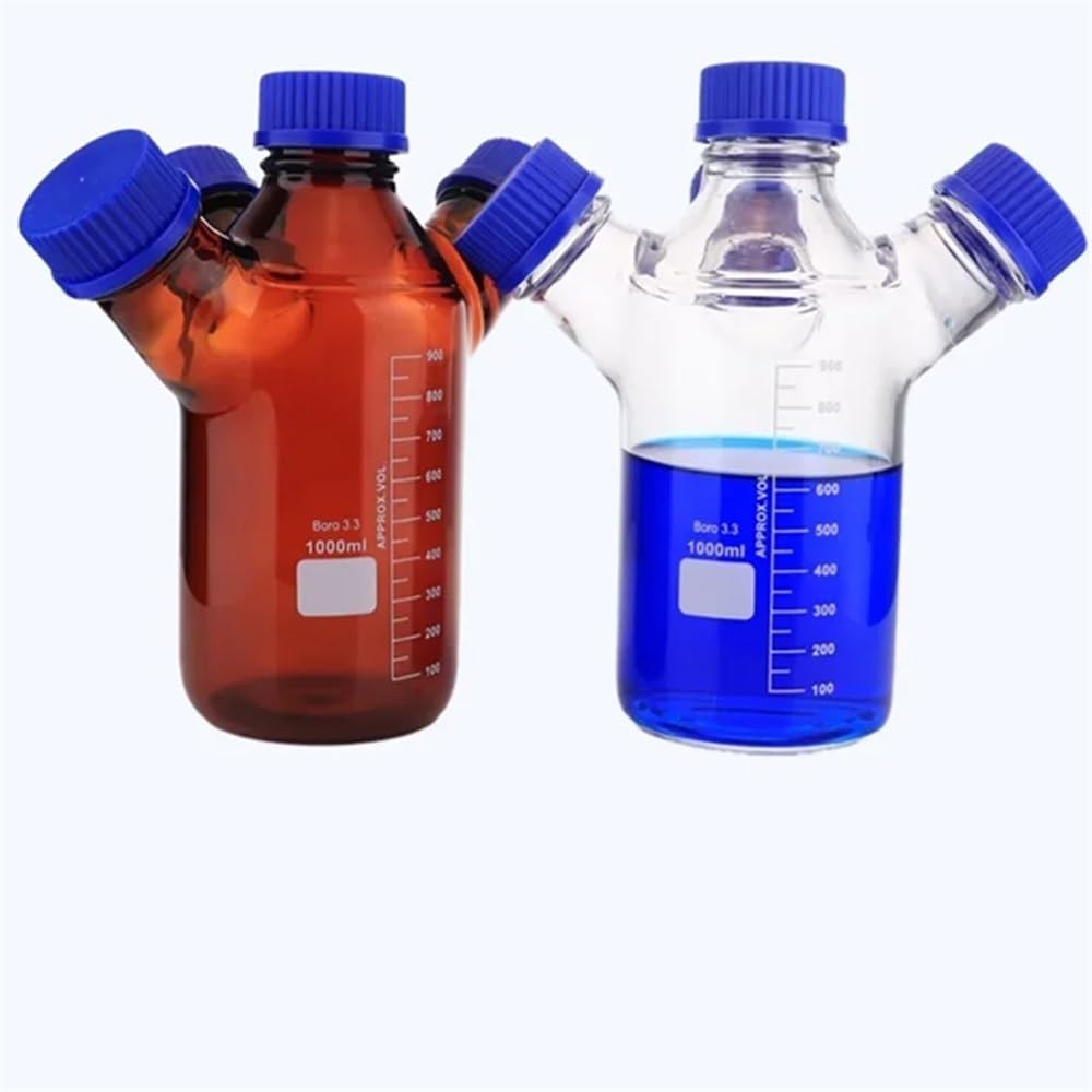 250 ml – 2000 ml, brązowe zakrętki, buteleczki z dwiema / trzema / czterema szyjami do fazy mobilnej, laboratorium (Four-necked 250 ml)
