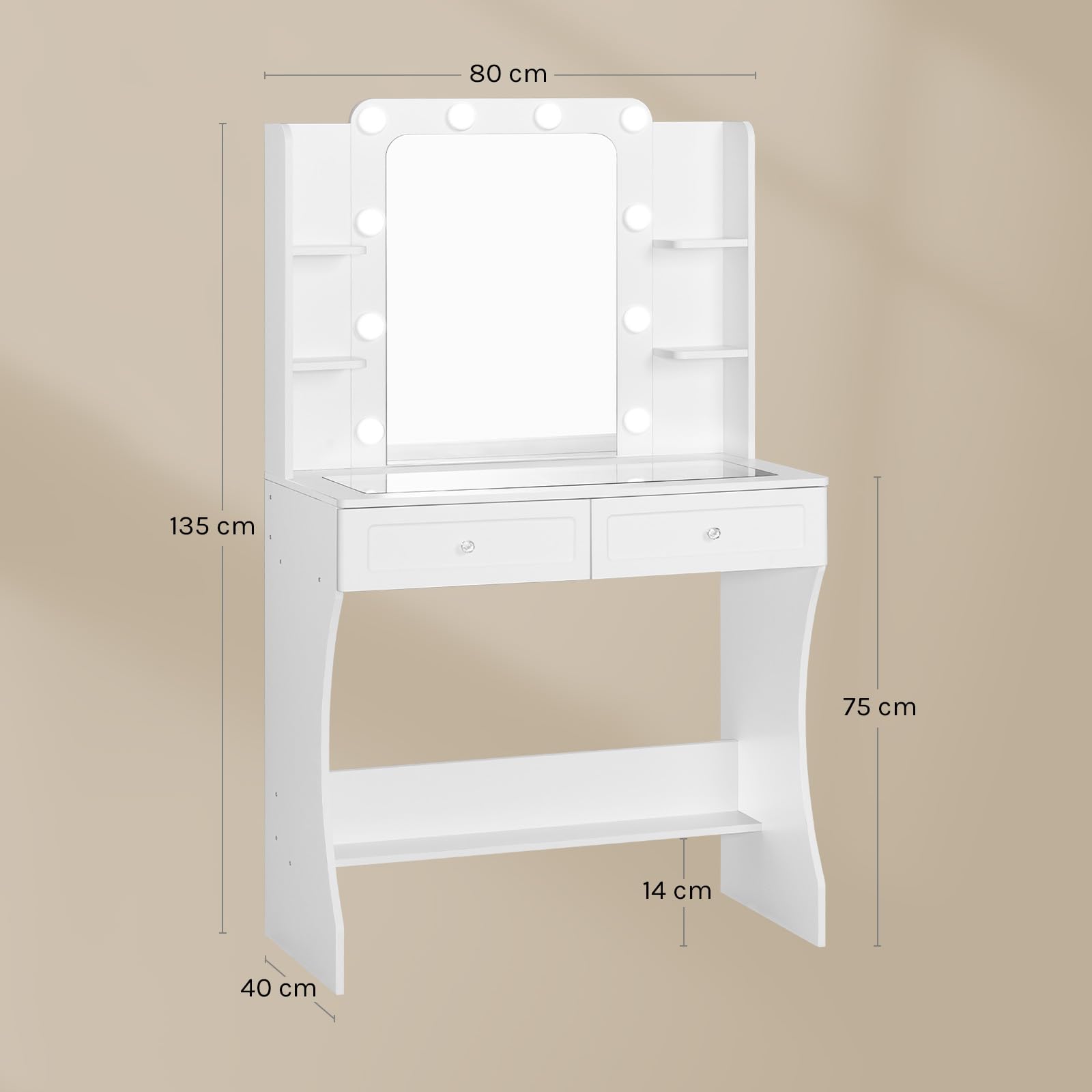 WOLTU Coiffeuse avec Miroir LED, Plateau en Verre, Blanche