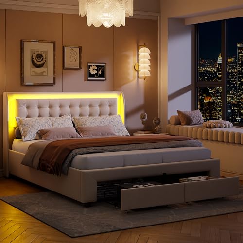 BRILVERDE Cama Tapizada 160x200 con Almacenaje, Cama matrimonial con USB y luz LED, con cajones, Cabecero Acolchado y Base de Láminas, Terciopelo (Beige, 160x200 cm)