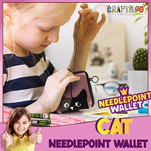 Image of Needlepoint Kit for Kids Ages 6-12 - Cat Wallet Cross Stitch Craft