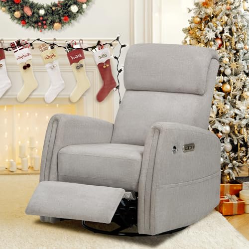 Image of COLAMY Power Swivel Glider Recliner Nursery Chair, Rocking Chair Nursery Accent Chair for Living Room Bedroom, Swivel Recliner Armchair with Built-in Charging Ports for Home, Dove Grey