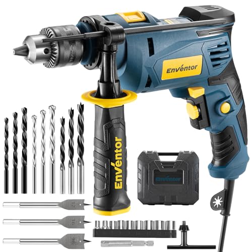 Enventor Hammer Drill 750W 0-3100RPM Electric Corded Hammer Drill Variable Speed 13mm Chuck 360 Auxiliary Handle with 24pcs Accessories for Concrete Iron Plate Masonry and Wood