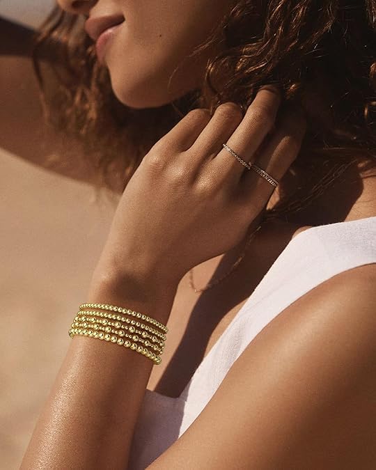 5pcs Christmas Gold Plate Bead Bracelet for Women 14K Gold Plated Bead Ball Bracelet Stretchable Elastic Hypoallergenic Bohemian Stackable Bracelet 4mm - Image 4