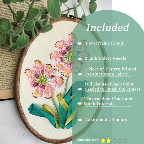 Image of FONNUY Ribbon Embroidery 3D Flowers Pattern Design Kit Embroidery DIY Handwork Set Oval Home Decoration (Pink Crabapple)