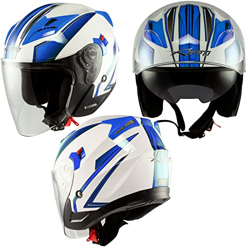 Moto Casque Jet Scooter Visière Double Certificat ECE 22-06 Blanche Bleu XL