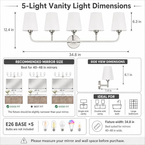 Image of Bathroom Vanity Light Brushed Nickel Bathroom Lighting Fixtures Over Mirror | 5-Light Bathroom Light Fixtures with Flared White Fabric Shade, E26 Socket (ETL Listed)