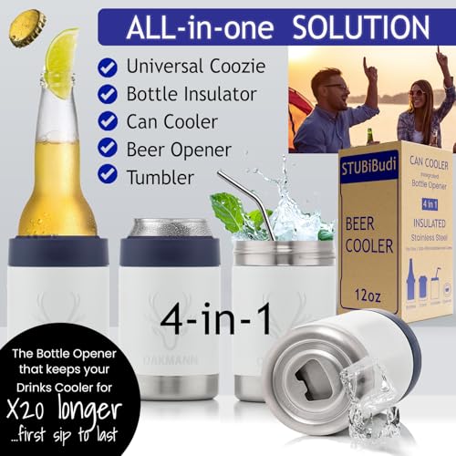Image of Stainless Steel Beer Cooler With Bottle Opener, Vacuum Insulated Can Cooler 12 oz for Bottles Cans, 4-in-1 Universal Insulator Coozy for Bottles Cans, Beer Gifts for Birthday (White)