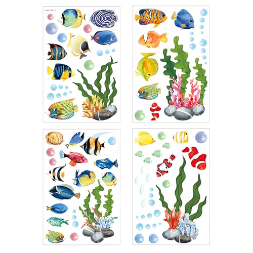 URYVAIW Autocollants Fenêtre Monde Sous-Marin, 4 Feuilles (20x30cm), 60 Stickers avec Poissons & Coraux, Réutilisable, Étanche, pour Salle de Bain & Chambre...