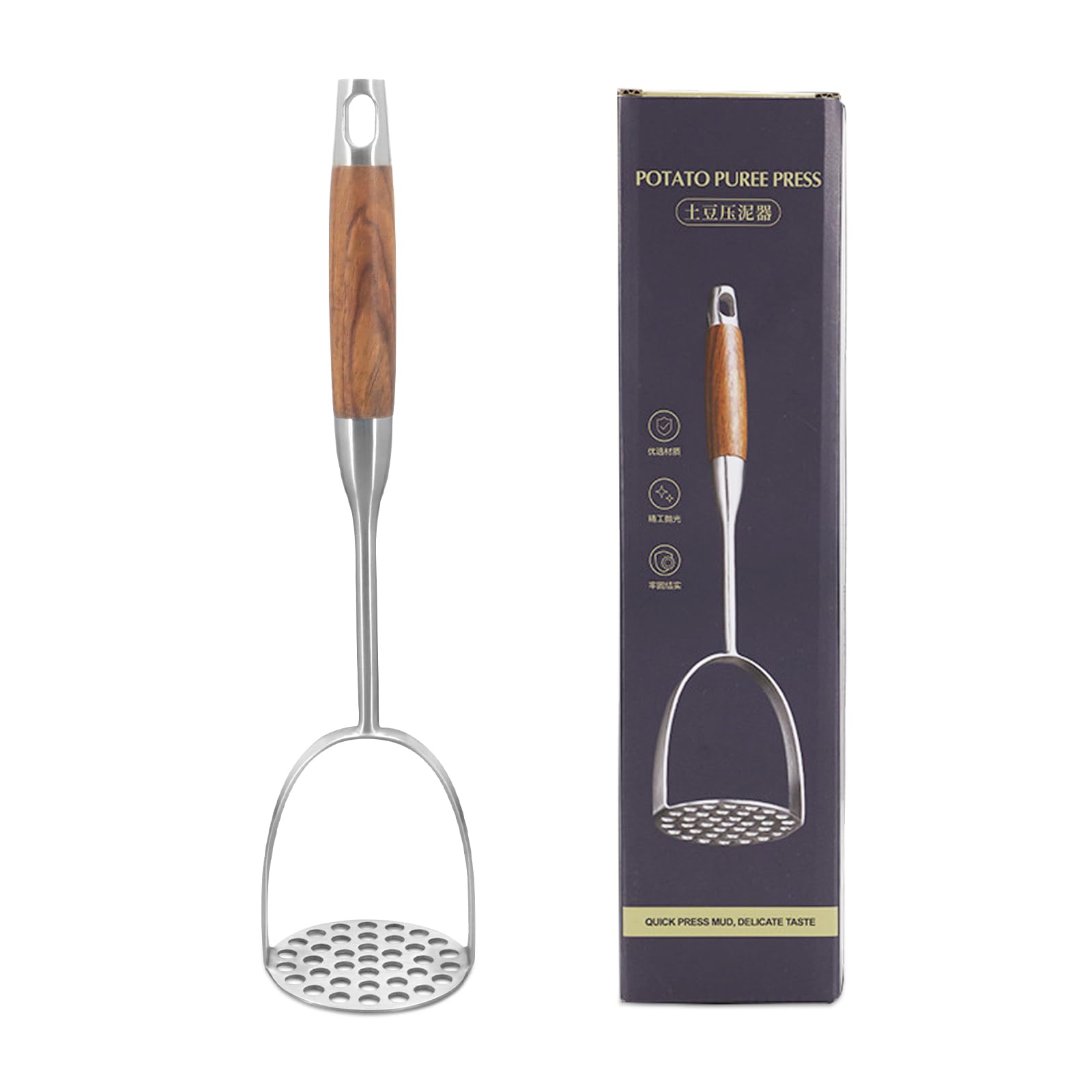 Potato Masher Stainless Steel,Hand Potato Smasher with Wooden Handle,Struggle-Free Mashing,for Vegetable and Fruit Masher,Dishwasher Safe (Rosewood)