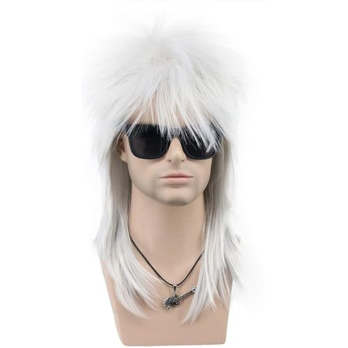 VGbeaty Men and Women Long Straight Silver Wig 70s 80s Rocker Punk Rock Disco Mullet Wig (Silver)