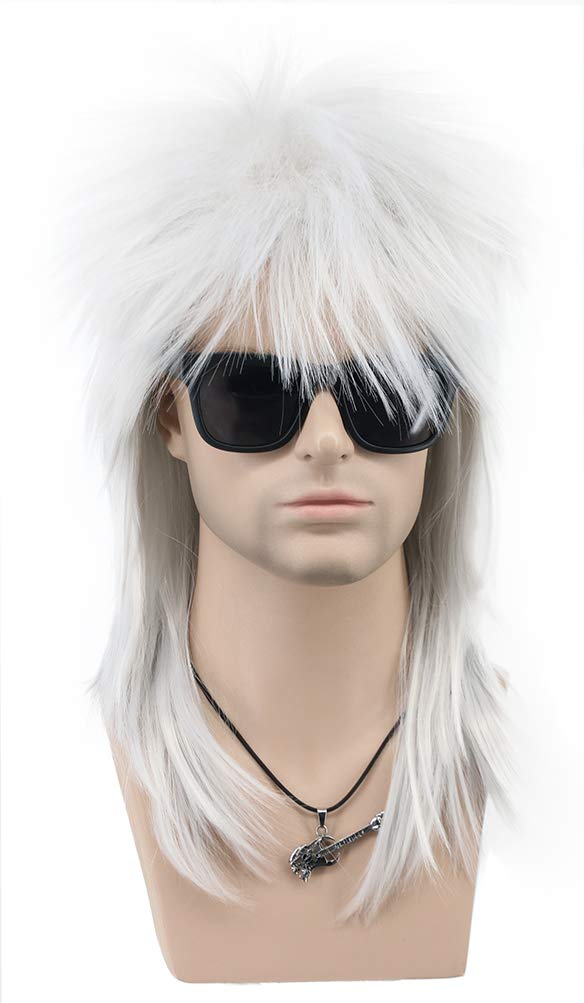 VGbeaty Mullet Wig Long Straight Silver Wig Men Women Punk Rock Diva Costume Wig