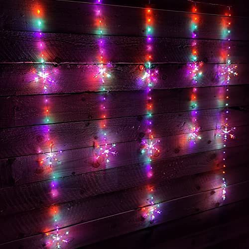 Premier 390 LED 1.3m x 1.2m Christmas Snowflake Curtain Lights in Static Rainbow & Twinkling Orange