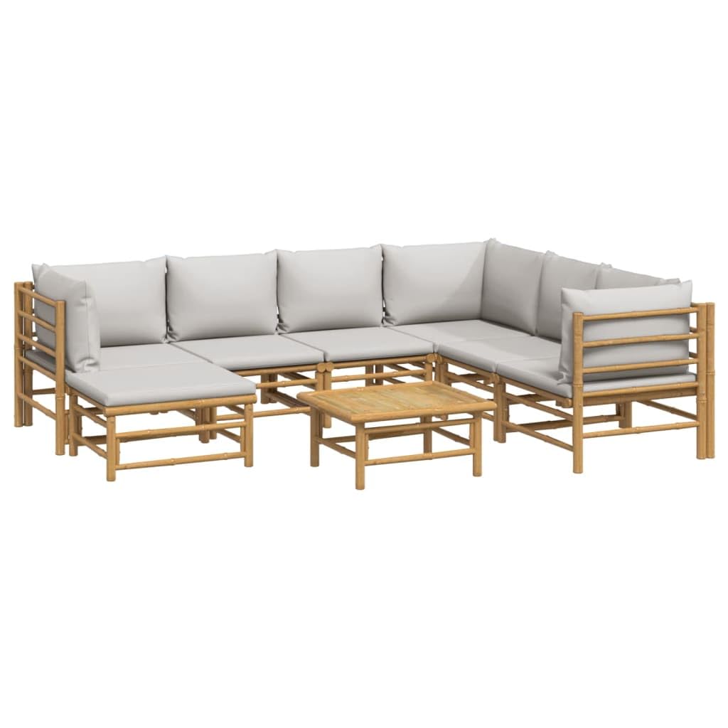 Générique Ensemble de Salon de Jardin Modulable 8 Pièces en Bambou Naturel avec Coussins Gris Clair - Canapé d'angle, Table et Pouf - Confortable et Élégant pour Jardin, Terrasse ou Balcon