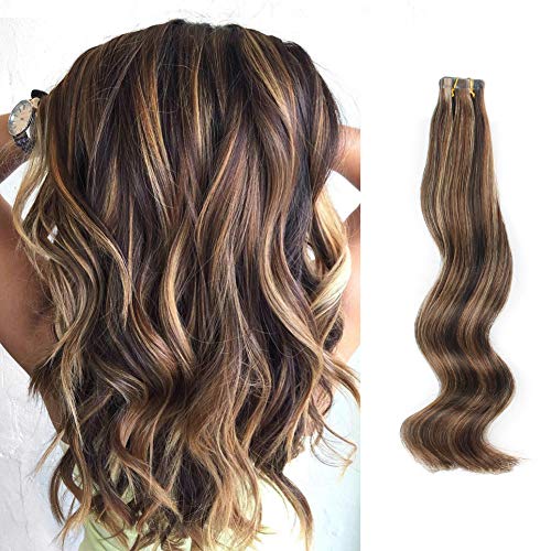 ABH AmazingBeauty Hair Sun-kissed Double Side Tape Hair Highlight Extensions, Invisible Real Remy Human Hair Skin Weft, 50g 20pcs, Darkest Brown with Chocolate Brown and Chestnut Brown P2-4-6 18 Inch
