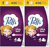 Puffs Ultra Soft Facial Tissues, 4 Family Size Boxes, 124 Facial Tissues Per Box (Pack of 2)