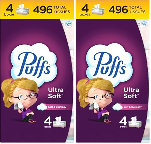 Puffs Ultra Soft Facial Tissues, 4 Family Size Boxes, 124 Facial Tissues Per Box (Pack of 2)