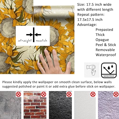 Papel pintado floral vintage autoadhesivo de 17.5x78.8 con girasoles amarillos 8
